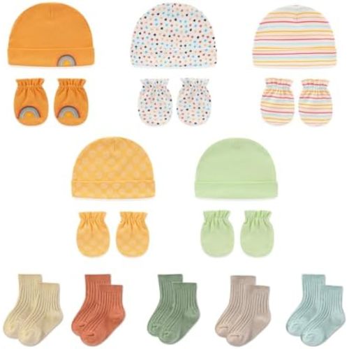 Baby Boy Girl Cotton Hat Mitten Sock Set 15 Pack Infant Essential Accessories for 0-6 Months