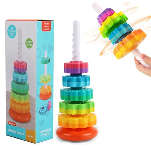 Baby Spinning Stacking Toys, Spin ABS Plastic and Color Rainbow Design Ring Stacker Baby Toys 6 to 12 Months Montessori Educational Learning Autism Sensory for Boys and Girls