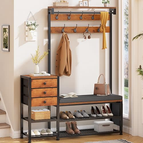 Itaar Coat Rack, Hall Tree with Bench and Shoe Storage, 7-in-1 Entryway Bench with Soft Cushion, Storage Bag, 3 Fabric Drawers(Rustic Brown)