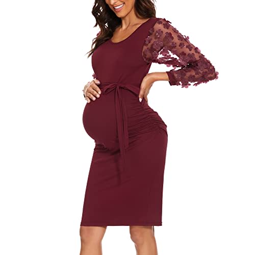 Floral Mesh Bishop Long Sleeve Maternity Midi Dress, Fall Maternity Bodycon Dress for Baby Shower