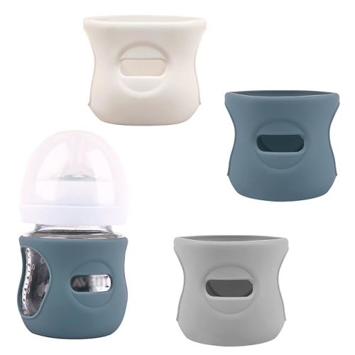 3 Pack Silicone Sleeves for Avent Natural Glass Baby Bottles, Anti Breakage Baby Bottle Holder, Compatible Philips Avent Glass Natural Baby Bottle 4 oz(Grey+Dark Blue+Apricot)