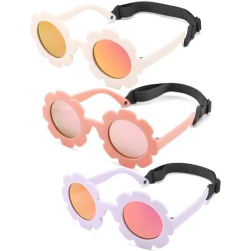 COASION 3 Pack Bendable Polarized Sunglasses with Strap for Newborn Baby Girls Boys 0-24 Months, Flower Design