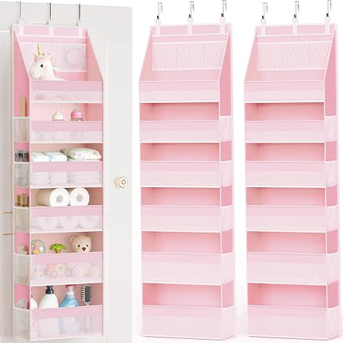 2 Pack Over the Door Organizer, 6-Shelf Closet Hanging Storage with 13 Mesh Pockets, 55lbs Capacity Behind the Door Storage for Baby Nursery, Bathroom, Bedroom, and Dorm, Pink