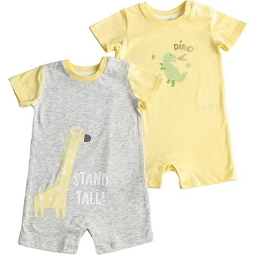 TRND O&X Baby Boy 2-Pack Cotton Rompers, Short Sleeve Summer Outfits with Giraffe & Dino Prints