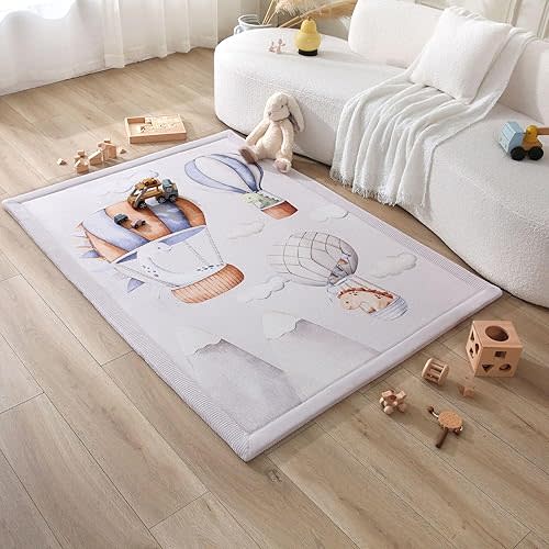 Stylish Coral Baby Play Mat for Floor 47" x 67" Dinosaur Balloons – Soft 1" Thick High-Density Memory Foam Nursery Rug,Kids Rug with Non-Slip Backing for Crawling & Playing, Playroom Rug, Kids Carpet