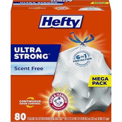 Hefty Ultra Strong 13 Gallon Trash Bags, Tall Kitchen Trash Bags 13 Gallon Size, Drawstring Closure, Continuous Odor Control, White, Unscented, 80 Bags