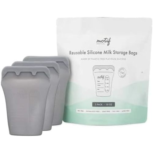 Motif Medical Reusable Milk Storage Bags, BPA Free Silicone, 3 Bags, Stores 10oz of Milk