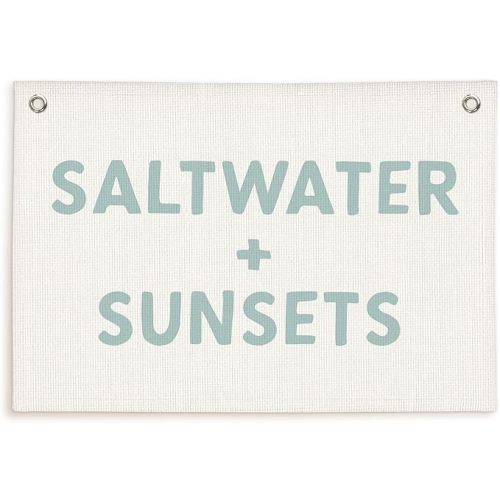 Lacama Beach Theme Wall Decor for Boys Room, Coastal Kids Playroom Nursery Hanging Sign, Saltwater + Sunsets Linen Canvas Banner, Rustic Nautical Surf, 30x20 Inch