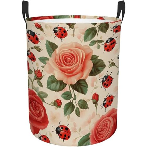 Ladybugs Roses Pattern Laundry Basket Foldable Laundry Baskets With Handles for Bedroom Bathroom Toys Decorative Basket
