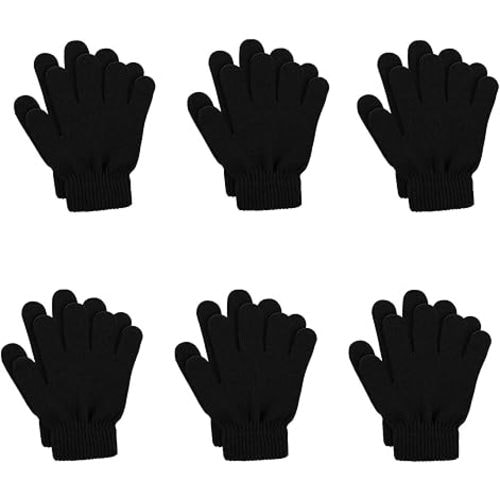 6 Pairs Winter Magic Gloves Kids Stretchy Unisex Black Gloves Toddler Boys Girls Children Magic Knit Gloves