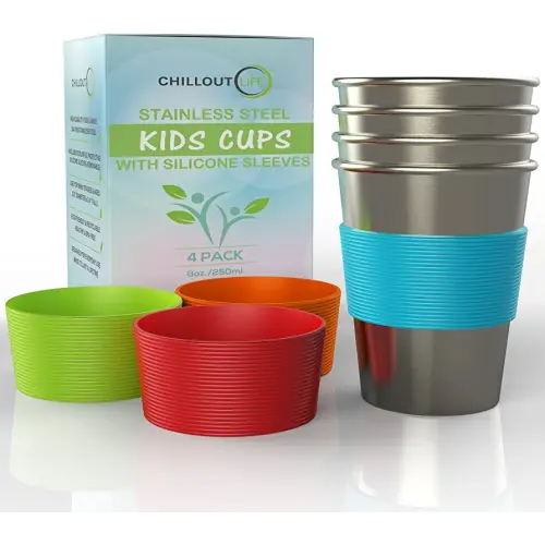 Stainless Steel Cups for Kids and Toddlers 8 oz. with Silicone Sleeves - Small Metal Cups for Home & Outdoor Activities, BPA Free Healthy Unbreakable Premium Metal Drinking Glasses (4-Pack)