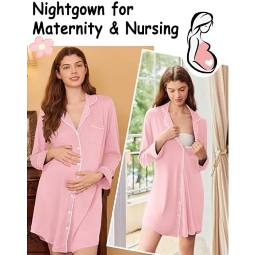 Ekouaer Nightgowns for Women Long Sleeve Night Gown Button Pajama Dress