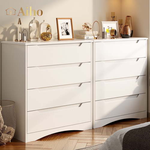 Aiho Wooden Dresser for Bedroom, 4 Deep Drawers, Sleek Tall Chest, Built-in Handles - White