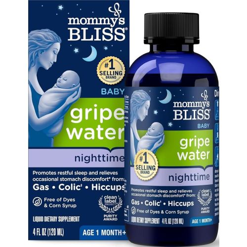 Mommy's Bliss, Bottle, Mommy's Bliss Night Time Gripe Water for Baby's Tummy Trouble - Relieves Occasional Infant Stomach Discomfort from Gas, Colic, Fussiness, Hiccups , 4 Fl Oz
