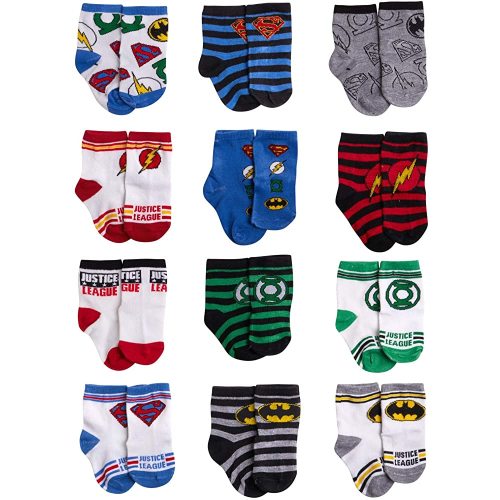 DC Comics Baby Boys/Girls 12 Pack Socks: Batman, Wonder Woman, Superman, Justice League, Super Girl, Size Age 0-6M, Green/Blue/Red Justice League