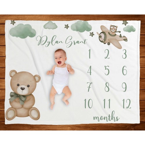 Sage Green Milestone Blanket Teddy Bear Gender Neutral Minky Blanket Clouds Baby Age Blanket Monthly Growth Tracker New Baby Shower Gift