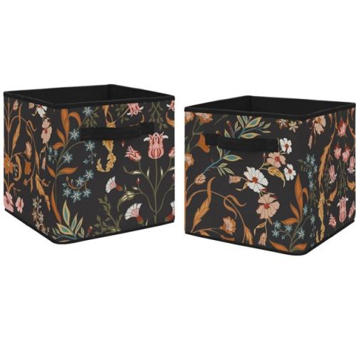 Sweet Jojo Designs Girl Fabric Storage Bins Set Boho Floral Wildflower Black Orange and Blue