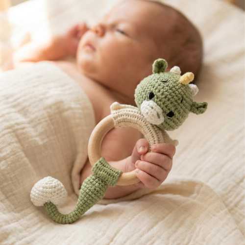 Handmade Crochet Dragon Baby Rattle with Natural Wooden Teether Ring
