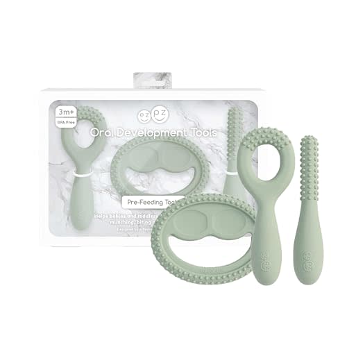 ezpz Oral Development Tools (3 Pack in Sage) - 3 Months+ - Non-Slip Loop, Smile and Stick 100% Silicone Tools - Prepare for Chewing + Solids - Baby-Led Weaning Supplies