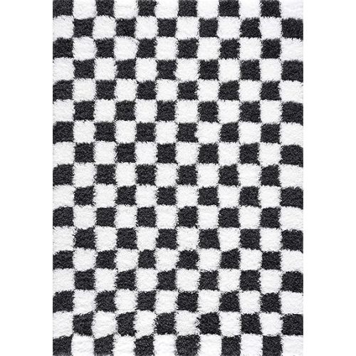 BoutiqueRugs Atira Black and White Modern Checkered Shag - High Pile Fluffy Shaggy Carpet -Kids Room, Nursery, Living Room, Bedroom, Playroom - White, Black - 7'10" X 10'3" (8x10)