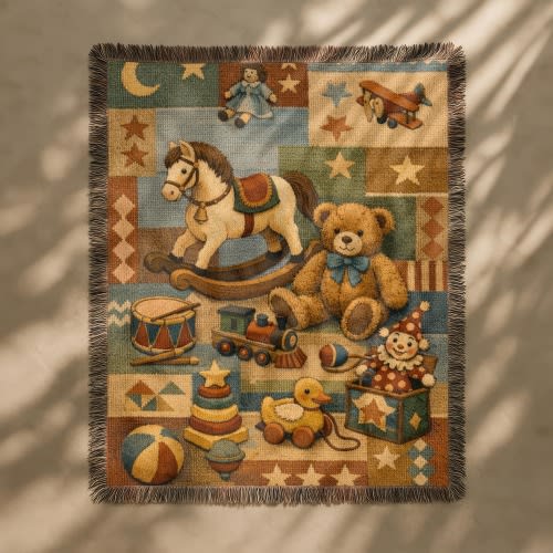 Woven Heirloom Blanket | Vintage Toy Theme Nursery Decor, Baby Shower Gift