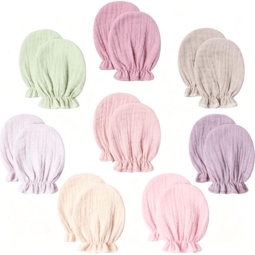TELOLY 8 Pairs Newborn Baby Muslin Cotton Mittens 0-6 Months No Scratch Elastic Wrist Soft Breathable Gloves Gentle Baby Mittens 0-6 Months