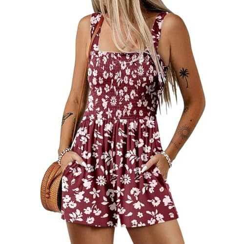 Dokotoo Women's Summer Casual Smocked Rompers Square Neck Sleeveless Loose Shorts Jumpsuits 2026 Beach Vacation Outfits