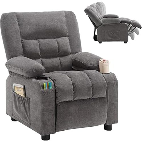 Kids Recliner Chair， Push Back Toddler Recliner with Cup Holders & Side Pockets， Adjustable Footrest & Headrest Kids Sofa for Boys Girls 3+ Age Group (Deep Grey)