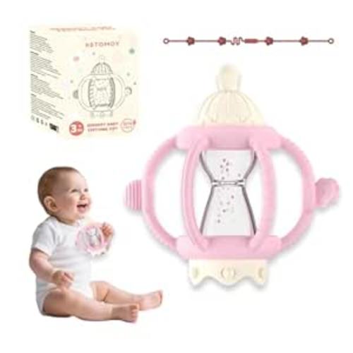 Teething Rattles for Babies 0-6 Months 6-12 months, Silicone Rattle Teether with Pacifier, Baby Montessori Toys 6-18 Months, Infant & Toddler Molar Teething Relief, Boys Girls Essential Gifts (Pink)