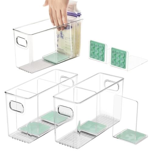 Breastmilk Storage Container with L Shaped Dividers to Flatten Standing Breast Milk Bags in Organizer Bins Save Refrigerator Space | 2 Containers with Removable Separator Boards - Green