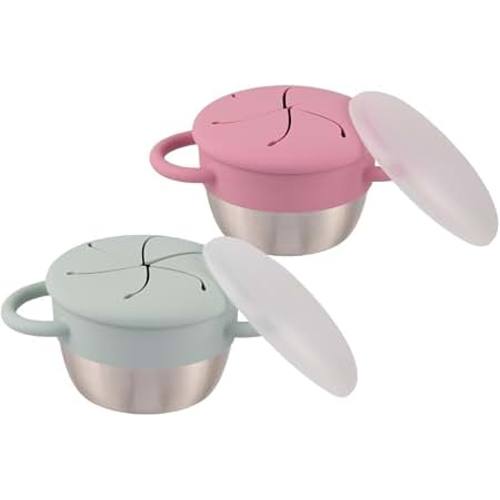 Amazon.com: Elk and Friends Kids/Toddler Stainless Steel Snack Cups + Travel Lids | 2pk | Removable Silicone Snack Catcher | Spill-Proof Containers | Dry Food Bowl | Dishwasher Safe