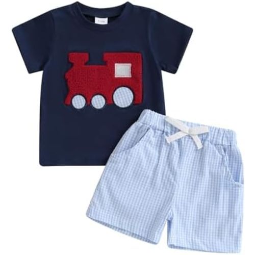 Toddler Baby Boy Summer Clothes Train Engine Embroidery Short Sleeve T Shirt Plaid Shorts Set Infant 2 Piece Outfit