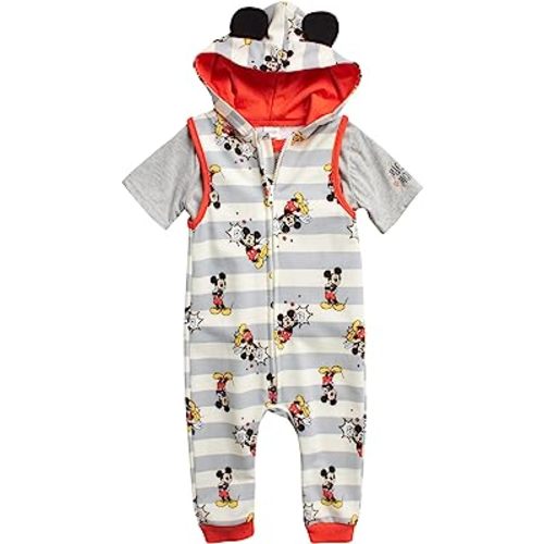Disney Baby Boys’ Mickey Mouse Romper - 2 Piece Sleeveless Coveralls Bodysuit and T-Shirt (0-24M)