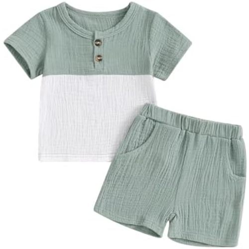 fhutpw Baby Boy Summer Outfits Henley Shirt Soft Pocket Short Sleeve Tops & Shorts Sets Infant 3 6 12 18 Months 2T Clothes