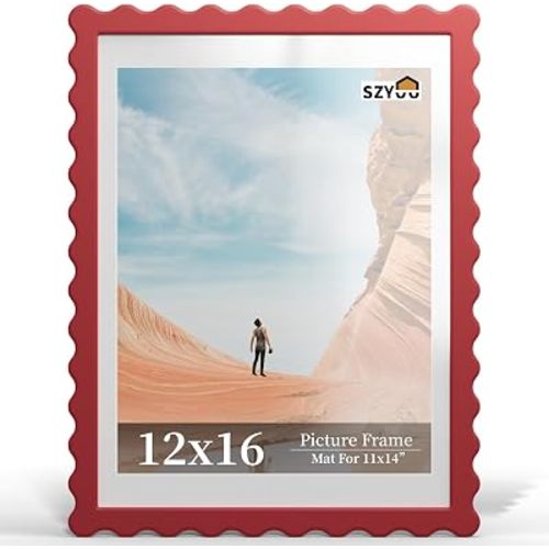 12x16 Wavy Picture Frame with Mat for 11x14, Real Glass and Wooden Frame - Wall Hanging Photo Frame(1 Pack,Red)