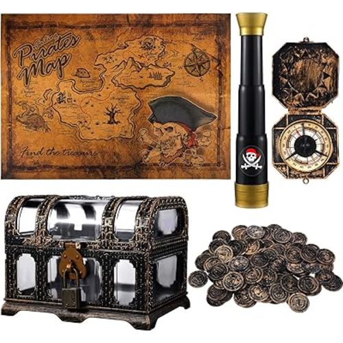 Bencailor 104 Pcs Pirate Treasure, Chest Box with Bronze Coins Vintage Map Compass Telescope for Boy Girl Halloween Cosplay Props Pirate Theme Party Favors Treasure Toy Accessories
