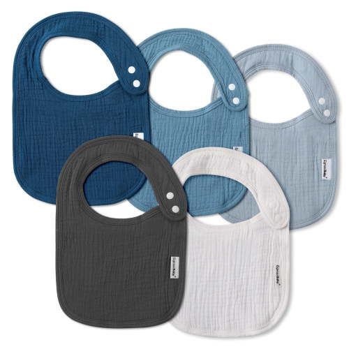GLLQUEN BABY Muslin Bibs for Boys and Girls, Organic Cotton, Adjustable Side Snaps, 5 Pack, Blue