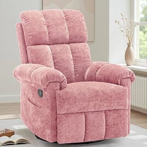 Recliner Chair, Swivel Rocker Recliner Chair for Adults, Small Recliners for Small Spaces, Manual Recliner Chair with Side Pockets, Nursery Rocking Chair for Living Room, Chenille, Rose Pink