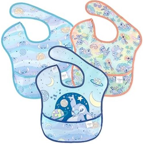 Bumkins Disney Bibs for Girl or Boy, SuperBib Baby and Toddler for 6-24 Months, Essential Must Have for Eating, Feeding, Baby Led Weaning, Mess Saving Waterproof Soft Fabric, 3-pk Stitch
