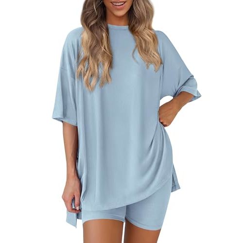 PRETTYGARDEN Women 2 Piece Lounge Set Airport Travel Outfit | Matching Summer Athleisure Sets, Short Sleeve Oversized Tshirts, Biker Shorts with Pockets, Casual Spring Cruise Clothes