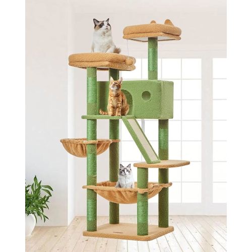 Taoqimiao Large Cat Tree, 58 Inch Cat Tower for Indoor Cats, Multi-Level Large Cat Condo with 8 Scratching Posts, Scratch Board for Cats, Cozy Hammock, 2 Pompoms, MSC026, Cactus