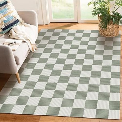 Sage Green Washable Area Rug 4' ×6' Checkered Large Living Room Rug Geometry Neutral Line Non-Slip Soft Bedroom Carpet Dining Room Nursery Home Office Indoor Decor