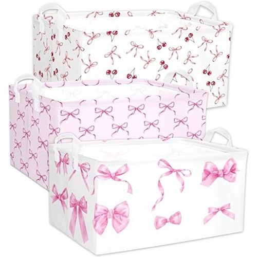 3 Pcs Pink Bow Storage Basket, Coquette Girls Rectangle Storage Bins Box with Handles, Bows and Chery Shelf Basket Ideal for Room Nursery Decor, Books, Organizing Clothes, Toys