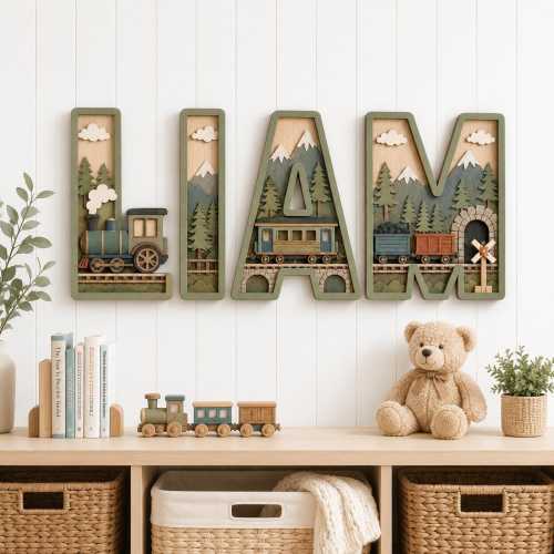 Personalized Train Name Sign, Custom Railway Nursery Decor, Locomotive Wall Art, Wooden Kids Room Sign, Railroad Adventure Theme Baby Gift