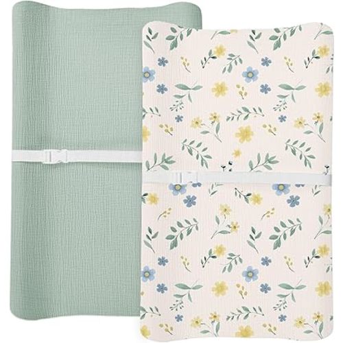 Changing Pad Cover for Baby Boy Girl 2 Pack, Muslin Changing Table Pad Covers with Boho Style, Neutral Nursery Bedding Essentials Soft and Breathable (Spring Garden & Sage)