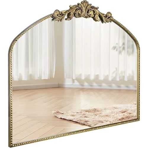 Gold Arched Mirror 40"X31", Vintage Antique Baroque Mantel Mirror with Ornate Metal Frame, Victorian Dress Wall Mirror for Entryway/Fireplace/Living Room/Hallway/Bathroom/Bedroom