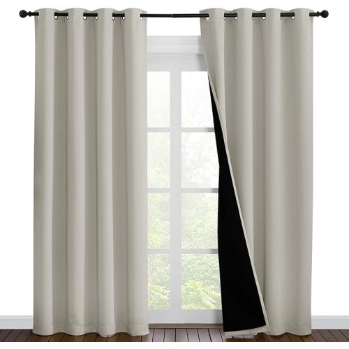 2 panel set, NICETOWN 100% Blackout Window Curtain Panels, Cold and Full Light Blocking Drapes with Black Liner for Nursery, 86 inches Drop Thermal Insulated Draperies (Natural, 2 Pieces, 55" Wide Each Panel)