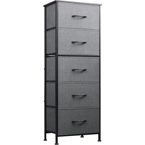 WLIVE Fabric Dresser, 5-Drawer Tall Dressers for Bedroom, Storage Dresser Organizer with Fabric Bins, Wood Top, Sturdy Steel Frame, Chest of Drawers for Closet, Hallway, Dark Grey