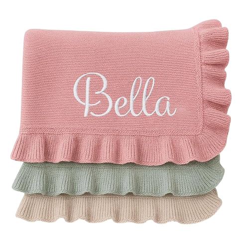 Nonnie Personalized Baby Blanket with Name - Custom Embroidered Knitted Ruffled Blanket for Newborn, 30x40 inch, Customized Gift for Newborn Boys Girls on Birthday, Baby Shower, Christmas