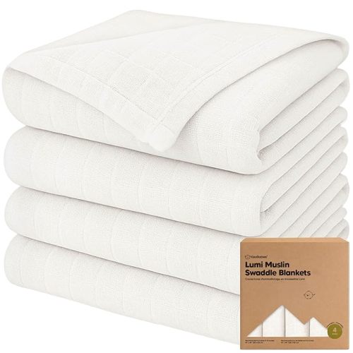4-Pack Muslin Swaddle Blankets for Boys, Girls - Organic Baby Swaddles for Newborns, Soft & Breathable Receiving Baby Blankets for Girl, Boy, Neutral, Newborn Essentials Gift (Soft White)